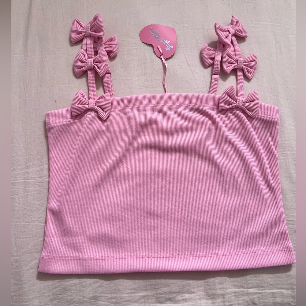 Sugar Thrillz Pink Ribbed Top with Bow Straps